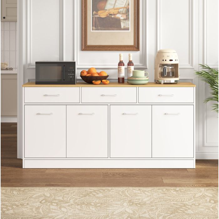 Buffet de cuisine 160 cm avec 3 tiroirs et étagères réglables îlot de cuisine pratique blanc et décor bois