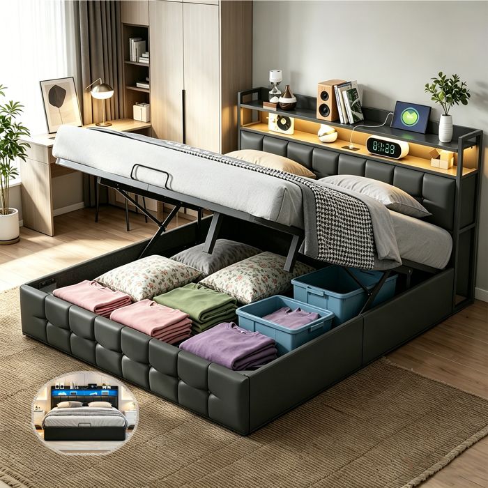 lit Double Rembourré 160 x 200 cm- UTTQEW-Lit coffre Hydraulique avec éclairage LED et Charge USB-sommier à lattes -PU Noir