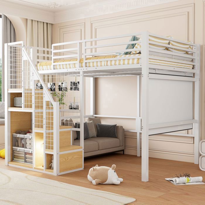 Lit Mezzanine 140x200 cm Métal Blanc avec Armoire - lit 2 places - Échelle de Sécurité Gain de Place Idéal Ados