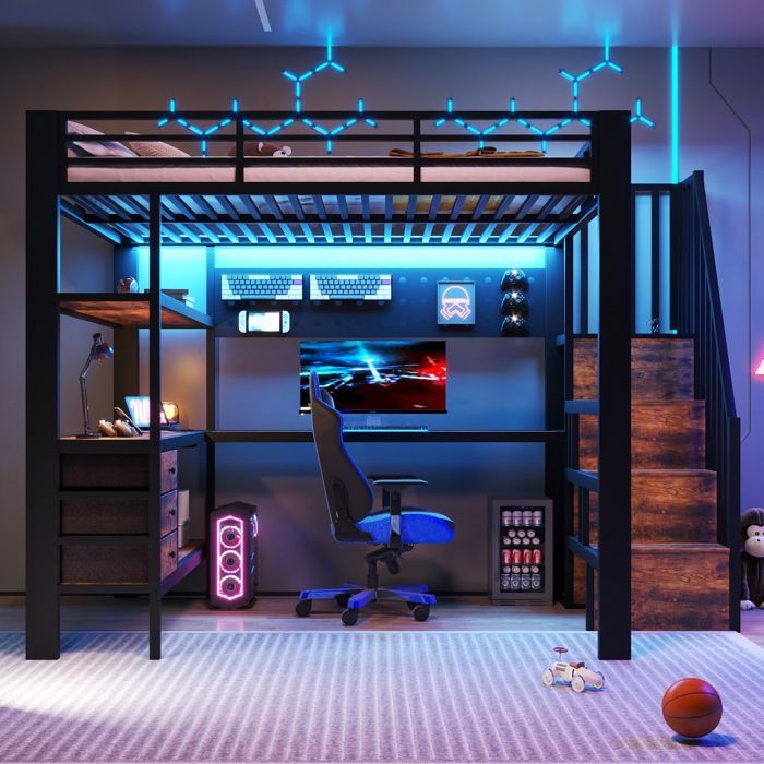 Lit mezzanine enfant 2 places 140x200cm Lit adulte ado en fer avec éclairage LED bureau armoire escalier rangement ports USB