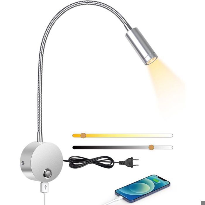 Liseuse murale LED - Unbrand - 3W - Température de couleur réglable 3000-6000K - Port USB 5V/2A
