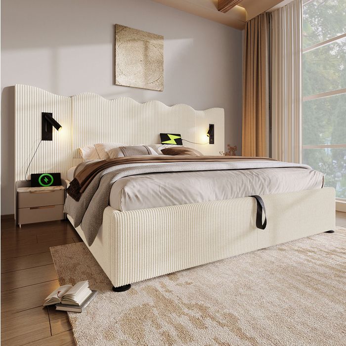 ULEVR lit double 180 x 200 cm avec rangement hydraulique liseuses pivotantes USB et Type-C tissu côtelé beige-blanc