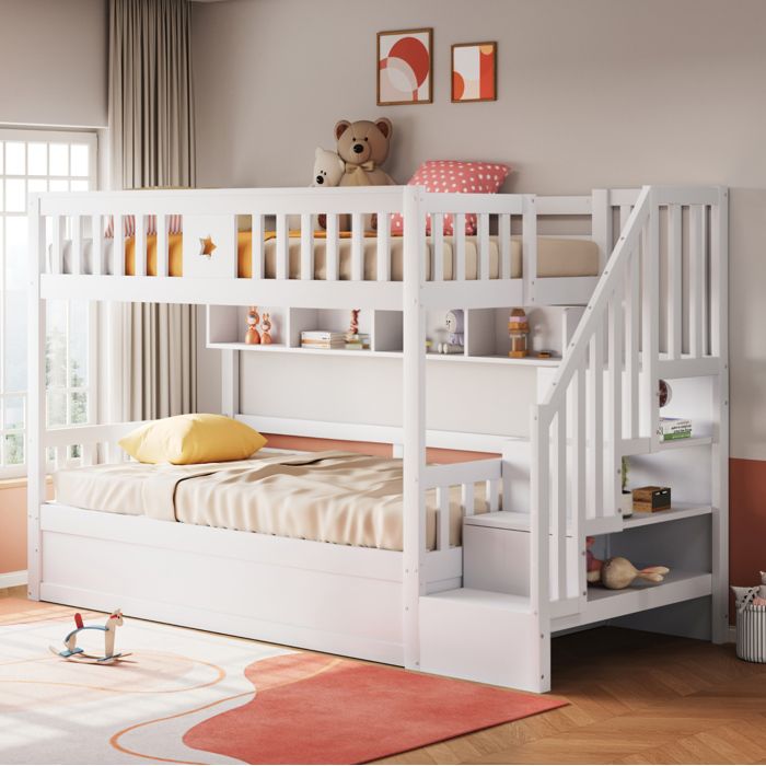 Lit superposé 90x200 avec rangement hydraulique étagères et escalier de rangement - TCQPZ - Bois Blanc