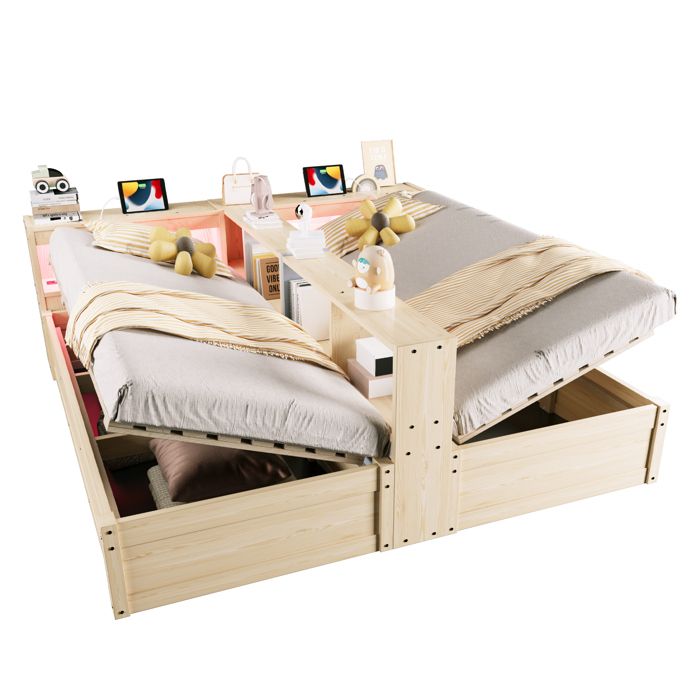 VLIVRA Lit combiné 2 places - coffre hydraulique prises intégrées LED et rangements - 90×200 cm et 180×200 cm - sans matelas