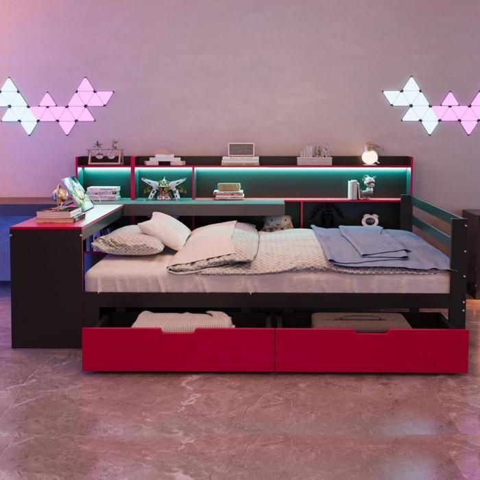 Canapé-lit - KOMHTOM - 140x200 cm - Bois - LED intégrée - Bureau & rangements