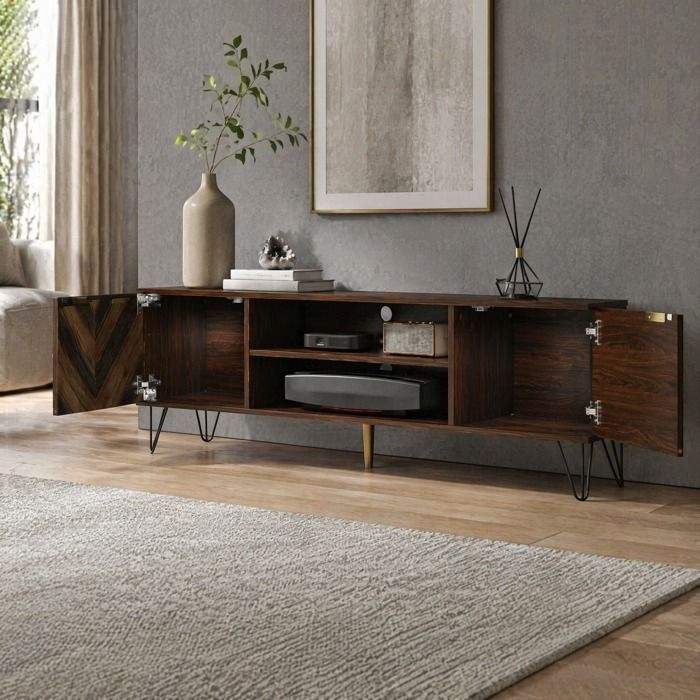 Meuble TV - Lowboard - 2 portes - 2 compartiments - poignées dorées - pieds en fer - 155 x 38 x 48 cm