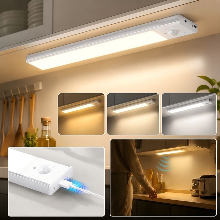 Réglette LED sous meuble 30 cm détecteur de mouvement lampe placard rechargeable USB-C 3 températures 1 pièce