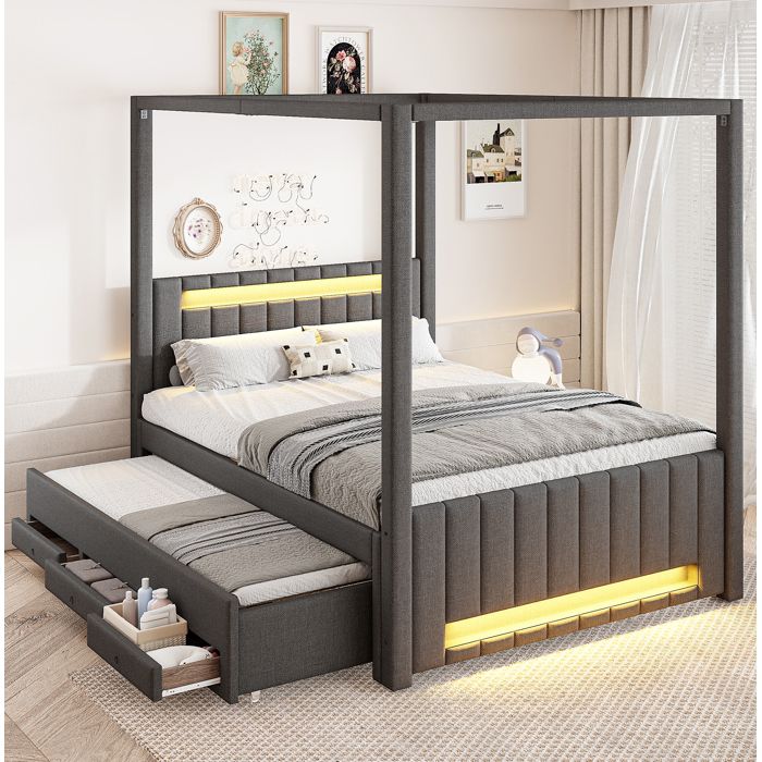 WOVREO Lit à baldaquin 140x200 cm avec lit gigogne 3 tiroirs LED tissu gris