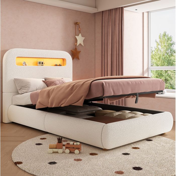 Lit enfant 90 x 200 cm avec rangement hydraulique LED sommier à lattes bouclé blanc