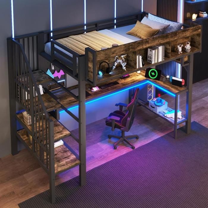 Lit mezzanine - KOMHTOM - Mezzanine 90x200 - Bureau dangle - Rangement - LED intégrée USB-C