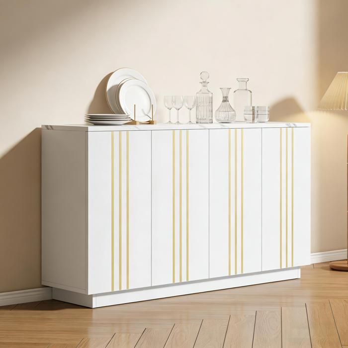 Buffet bas 4 portes avec étagères réglables et lignes dorées - TCQPZ - Salon chambre blanc 35×140×70 cm