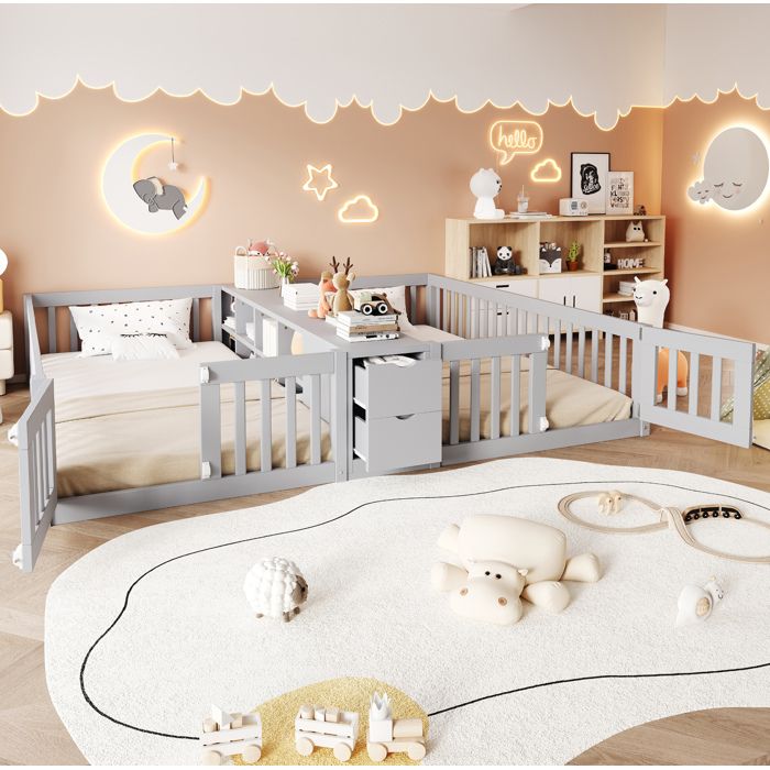 MEUBLIV Lit combiné enfant double 90 x 200 cm en bois gris avec 2 tiroirs étagères centrales et barrières hautes