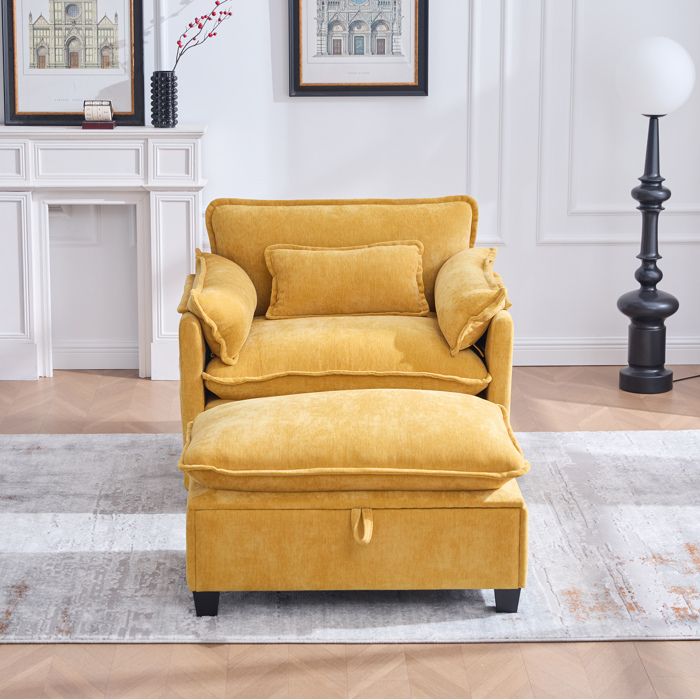 Fauteuil de relaxation 1 place avec pouf coffre poche laterale et coussin en chenille jaune 103 × 85 × 91 cm
