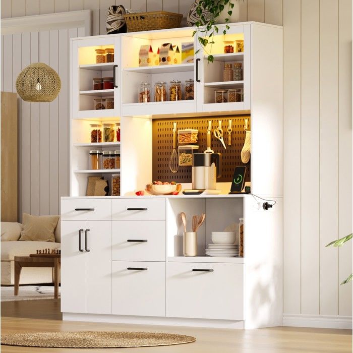 MEUBLIV Buffet de cuisine avec plan de travail 145 x 40 cm LED RGB prise 2 AC + 2 USB 5 tiroirs blanc