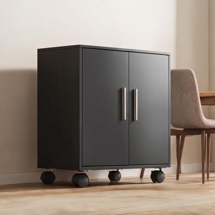 Desserte micro-ondes 59 x 40 x 92 cm avec tiroir placard et roulettes MDF noir mat