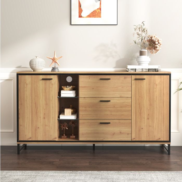VEVXYN buffet bas bahut rangement 160 x 40 x 85 cm 3 tiroirs 2 portes LED 16 couleurs decor bois naturel noir verre