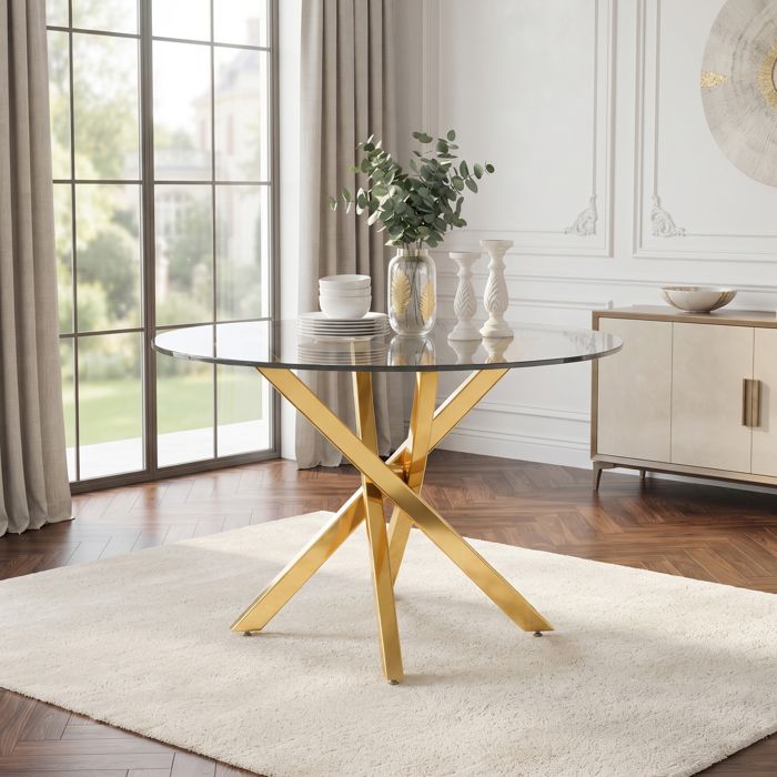 Table à Manger Ronde Ø80 cm en Verre Trempé 2-4 Personnes Piètement Métallique Croisé Doré Table à Manger Ronde Ø80 cm en Verre Trempé 2-4 Personnes Piètement Métallique Croisé Doré