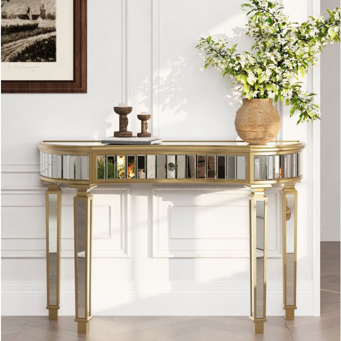 Table Console Demi-Lune Miroir Or Argent Meuble DEntree Design FloraGrace Pour Salon Chambre Montage Facile 120x38x78cm