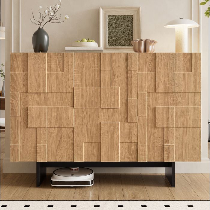 VUENOR Buffet bas 105 x 335 x 76 cm naturel et noir – 3 portes étagères réglables