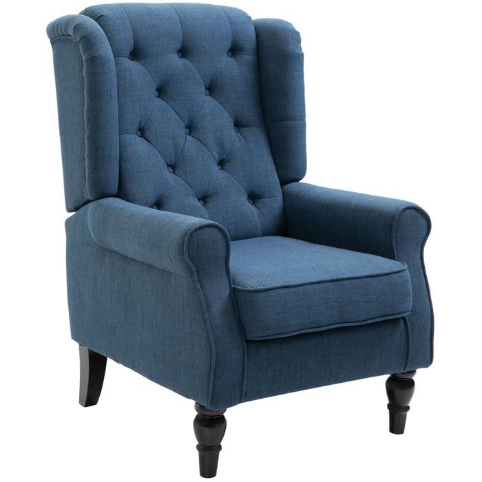 SENVIRO Fauteuil à oreilles bleu dossier haut capitonné accoudoirs arrondis pieds en bois 74 x 86 x 102 cm