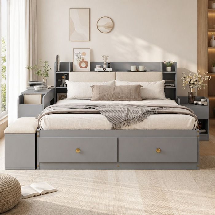 Lit combiné - ZEVKOR - 140x200 - Bois gris - 2 tiroirs & banc coffre - Tête de lit rembourrée