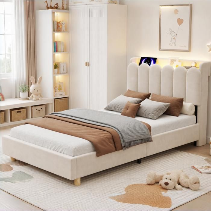 Lit enfant 1 place 90 x 200 cm en velours beige avec sommier à lattes USB Type-C lampe de lecture