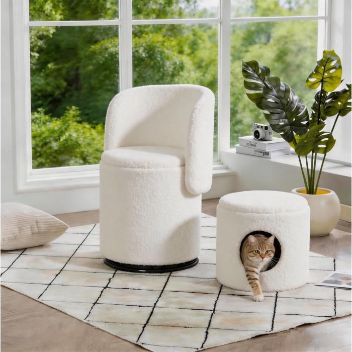 Fauteuil pivotant 360° avec rangement fauteuil tonneau teddy blanc 42 cm pour coiffeuse et salle à manger VEVXYN