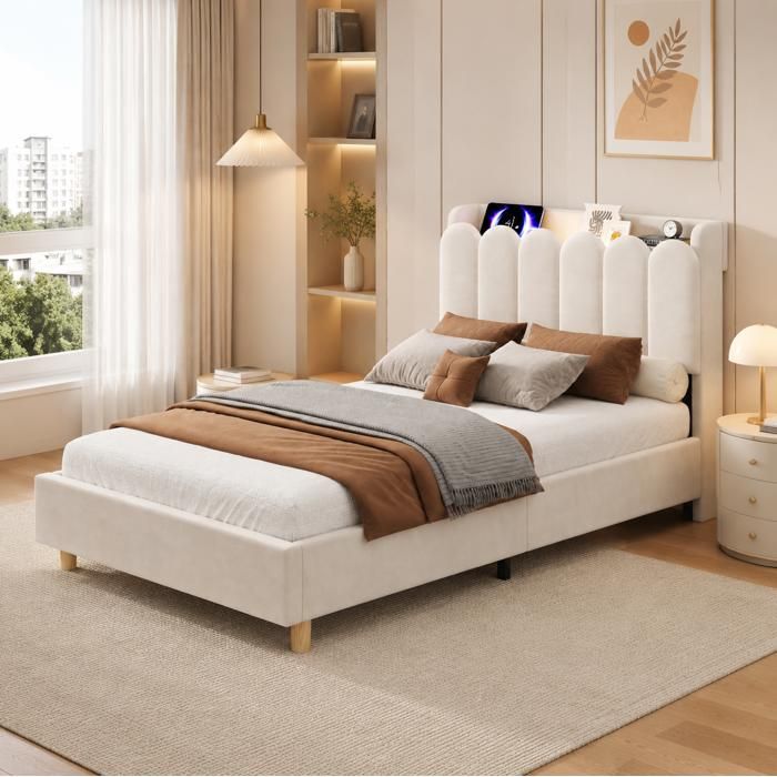 Lit Simple 90x200 En Velours Beige Lit Enfant Rembourré FloraGrace Pour Chambre Avec USB Type-C Et Lampe 218 5x95x91 5cm