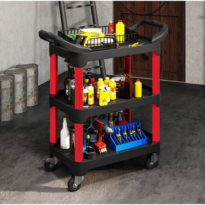 Desserte datelier chariot à outils 3 niveaux sur roulettes avec poignées plastique noir 81 x 43 x 96 cm 68 kg FOLYNA