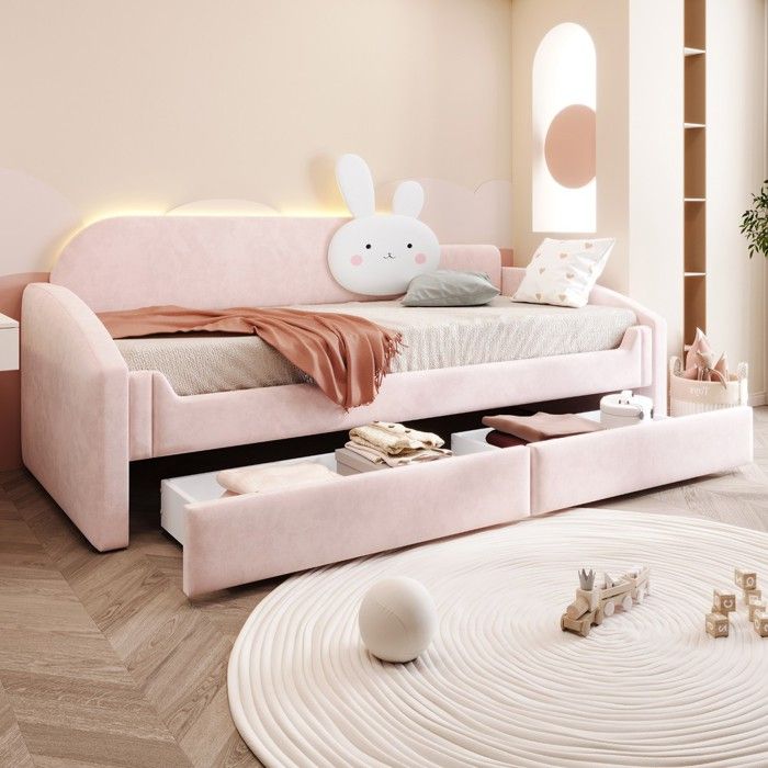 Lit canapé enfant 90x200 cm velours rose rembourré avec rangement led accoudoirs matelassés coussin lapin dans dossier