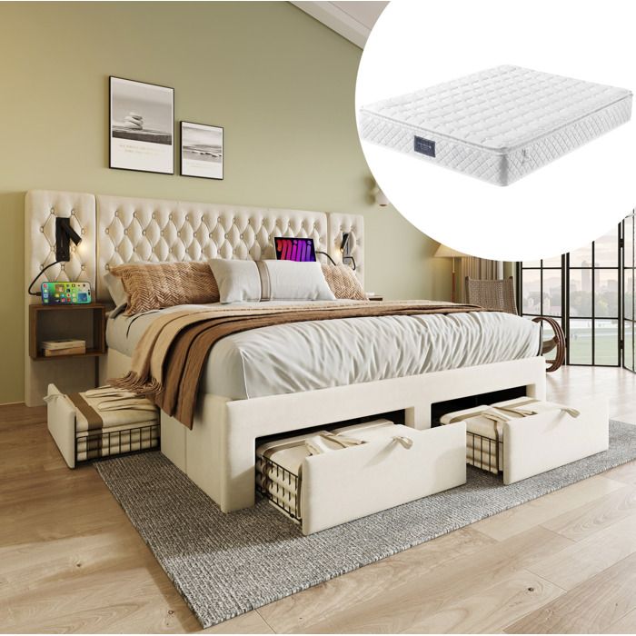 PENQUR Lit double 160 x 200 cm velours beige 4 tiroirs chevets lampes USB/USB-C matelas inclus