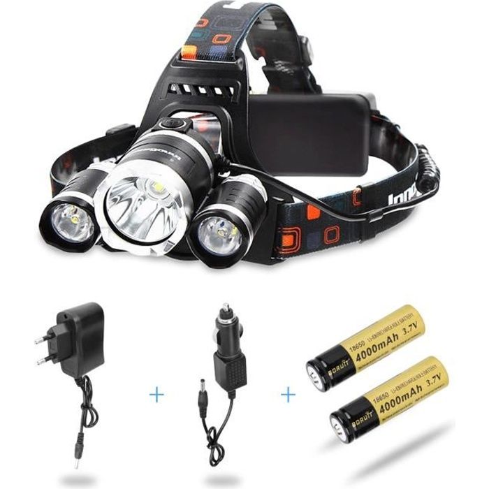 AFAITH 5000LM T06 LED Lampe Frontale Puissant Headlight Zoom Head Torch Light + 2 Batteries + Chargeur pour Randonnée, Vélo, Camping