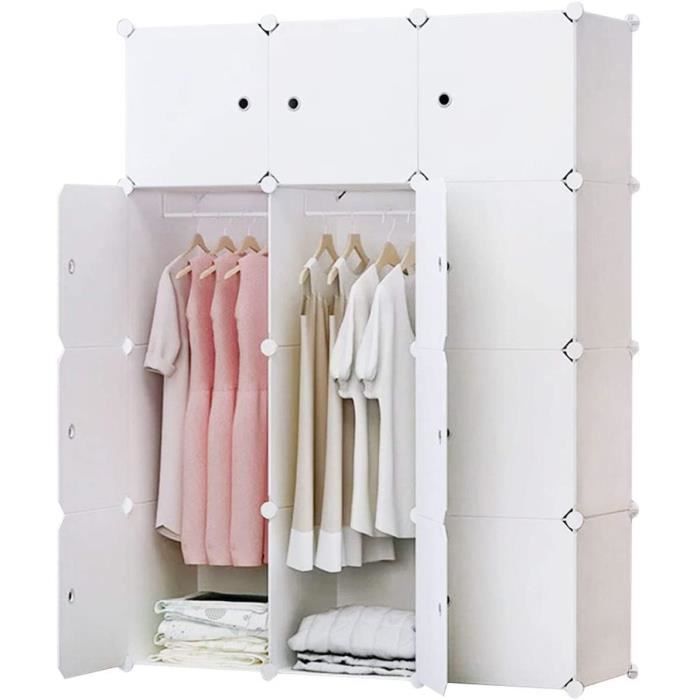 armoire de chambre rangement - 12 cubes, étagère de rangement diy avec 2 tige suspendue, 105 x 45 x 140cm blanc