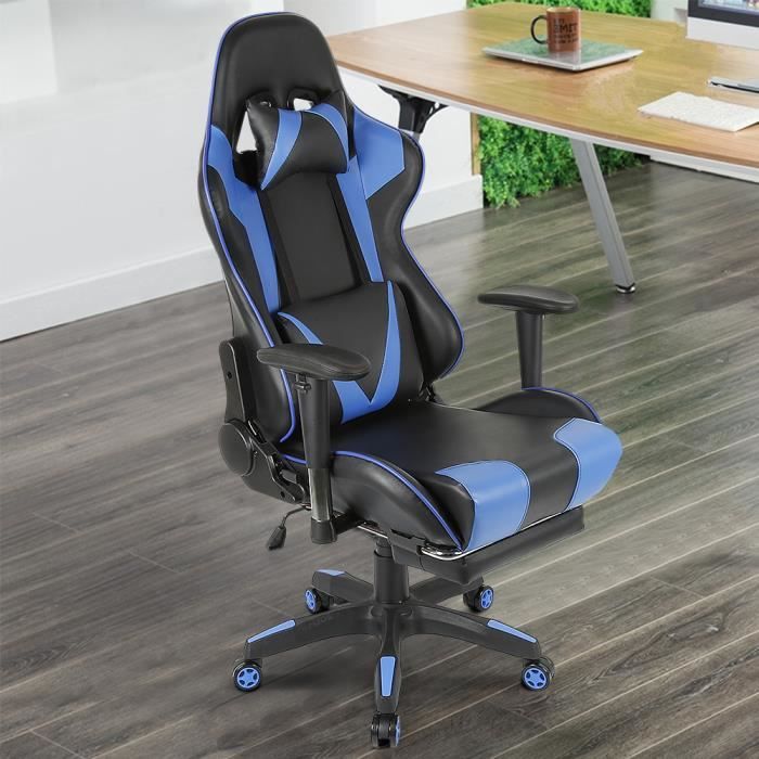 firnose chaise gaming fauteuil de bureau avec mécanisme basculant, fauteuil ergonomique - noir/bleu