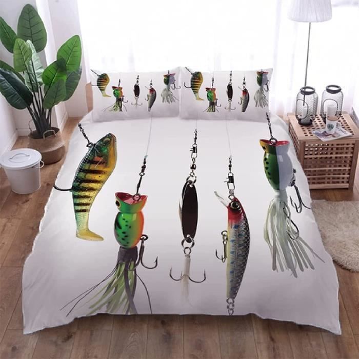 Housse de Couette Poisson hameçon Blanc, Parure de Lit Imprimée 3D