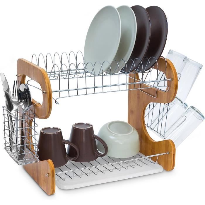 Égouttoir à Vaisselle Pliable 2 étages En Bambou - Avec Support Pour Ustensiles - Gain De Place, Design Naturel - Pour Cuisine, Camping, Petits Espaces - 2