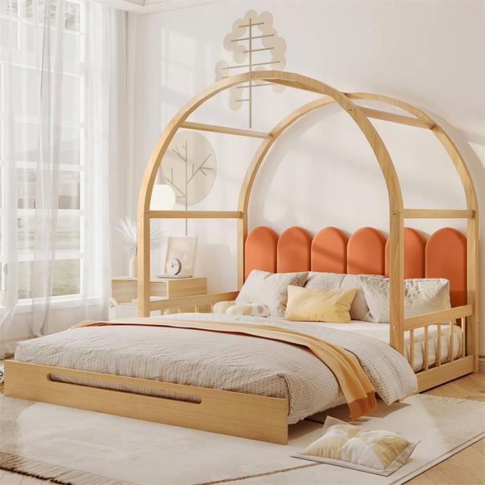 lit gigogne d'enfant 140x100cm&140x200cm - lit en bois extensible lit coulissant - toit  en forme de pavillon voûté - naturel orange
