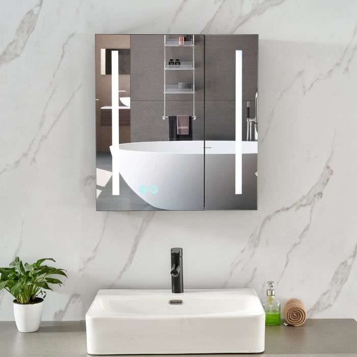 plumbsys armoire de salle de bain en aluminium avec éclairage led avec miroir, montage mural, luminosité réglable, désembuage, noir