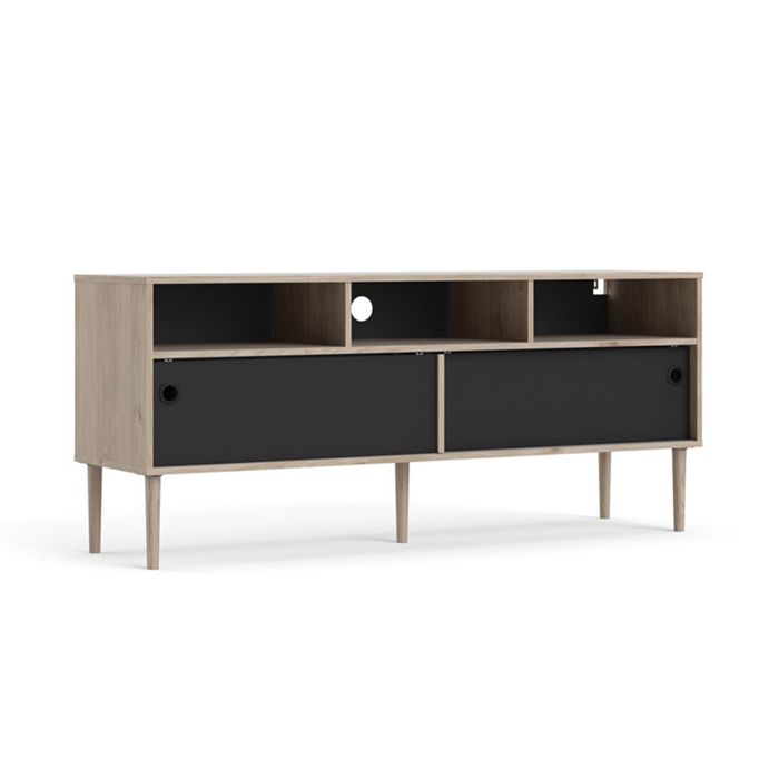 Penny Meuble TV 2 portes coulissantes et 3 compartiments imitation chêne Hickory noir mat. Penny Meuble TV 2 portes coulissantes et 3 compartiments imitation chêne Hickory noir mat.