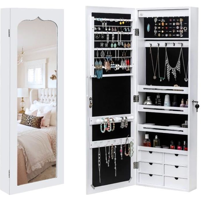 Armoire A Bijoux Murale Led Rangement De Bijoux Avec Miroir 6 Tiroirs Hauteur Du Crochet Ajustable 36 5 X 12 3 X 108 Cm En Bois Achat Vente Armoire A Bijoux Soldes