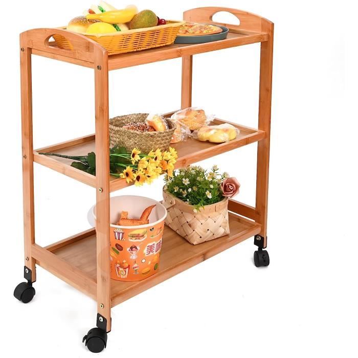 Chariot de cuisine à 3 étages sur roulettes en bois pour salle de bain Chariot de cuisine à 3 étages sur roulettes en bois pour salle de bain
