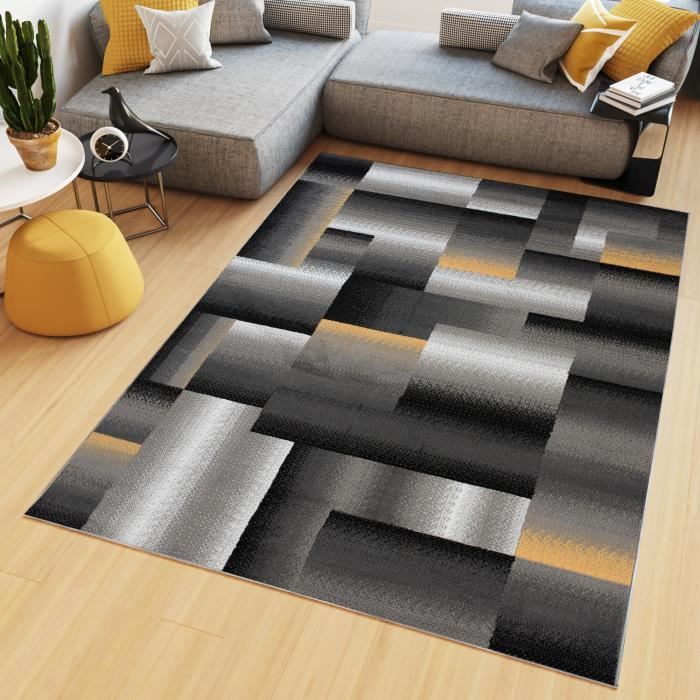 TAPISO Tapis Salon Poil Court Maya Noir Gris Jaune Géométrique ...