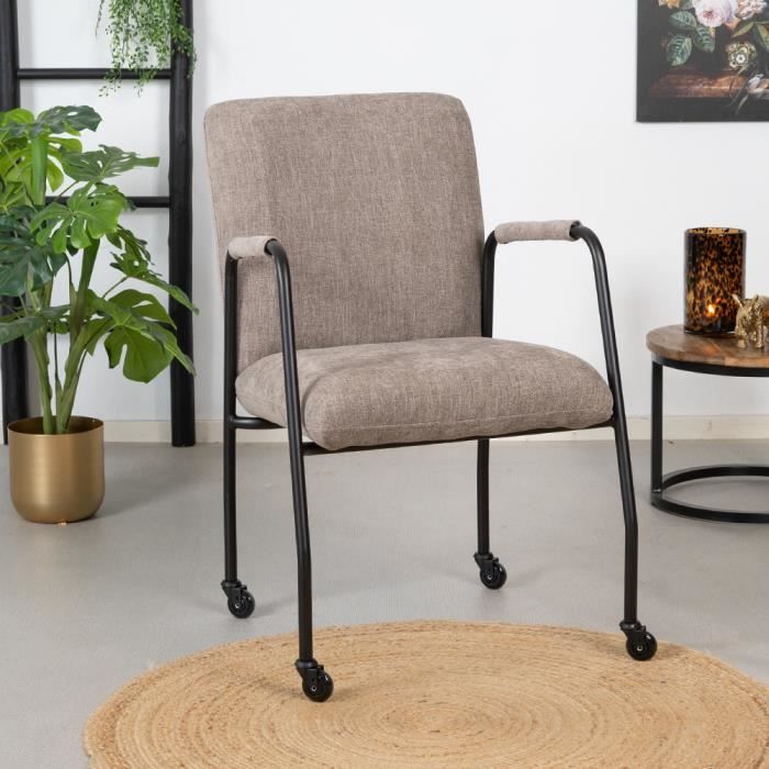 Livin24 Chaise de salle à manger à roulettes Mila taupe tissu chiné