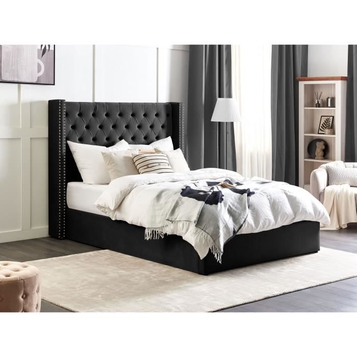 Lit Avallon Beliani 140×200 Cm Chesterfield Velours Noir – Lit Avec Sommier, Glamour