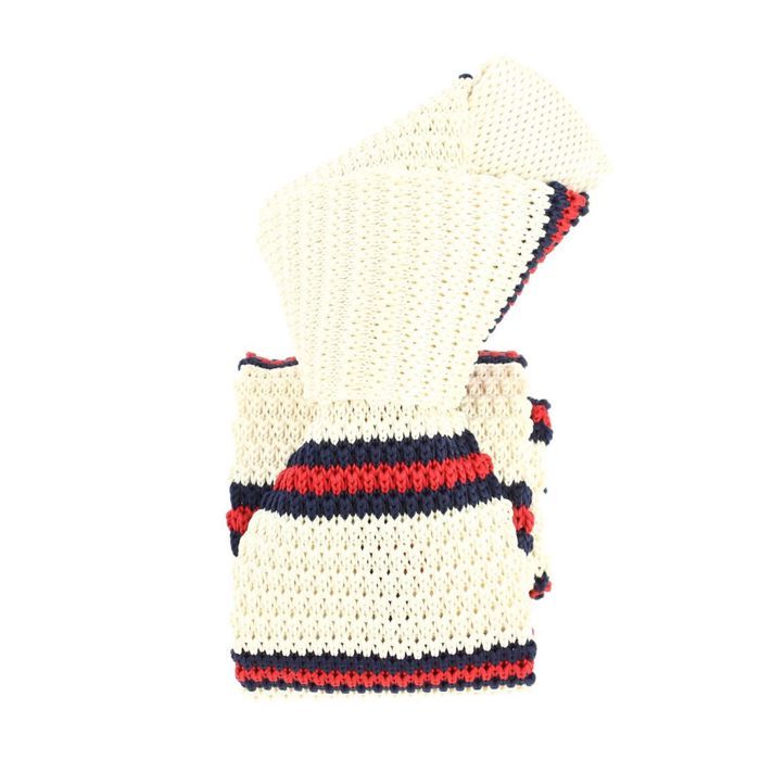 Cravate Tricot Rayée Charles Le Jeune – Crème, Bleu, Rouge – Microfibre (neuf)