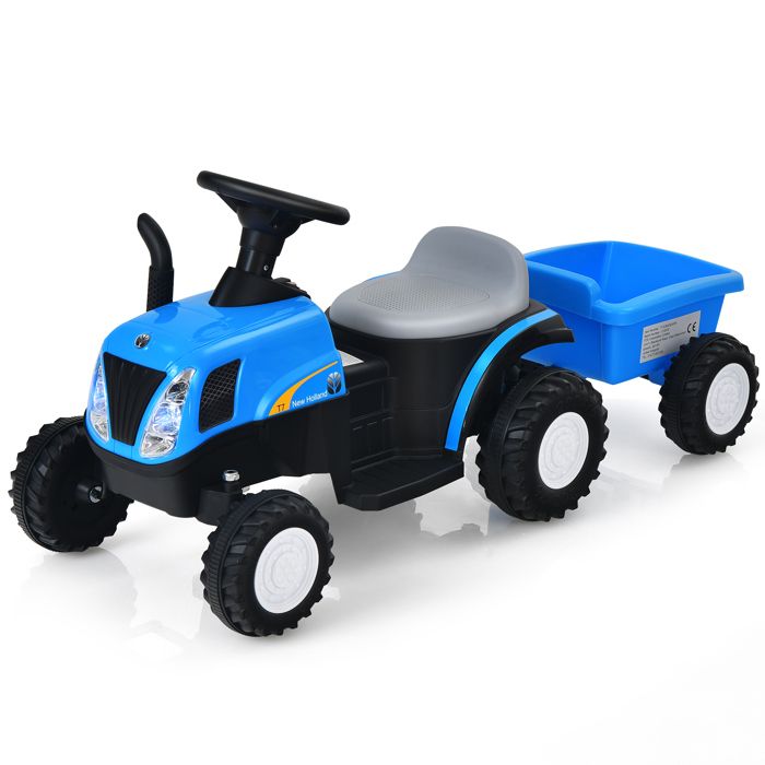 COSTWAY  Tracteur &Eacute;lectrique 6V avec Remorque pour Enfants 3+ Ans 2-3 km/h avec Effets Sonores et Lumineux 106 x 42 x 49 cm Bleu 