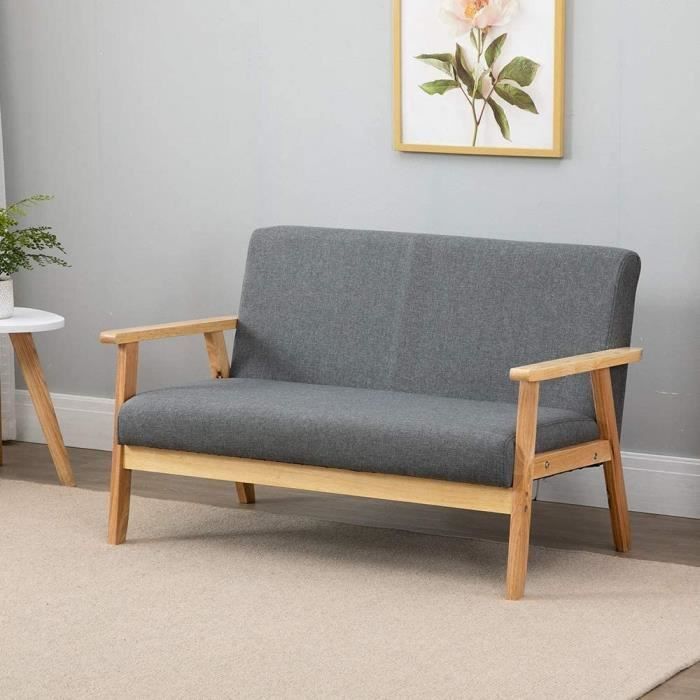 Canapé à 2 Places - Fauteuil Salon Scandinave Cadre en Bois Surface en Tissu Lin pour Petit Appartement Chambre Bureau (Gris Foncé)