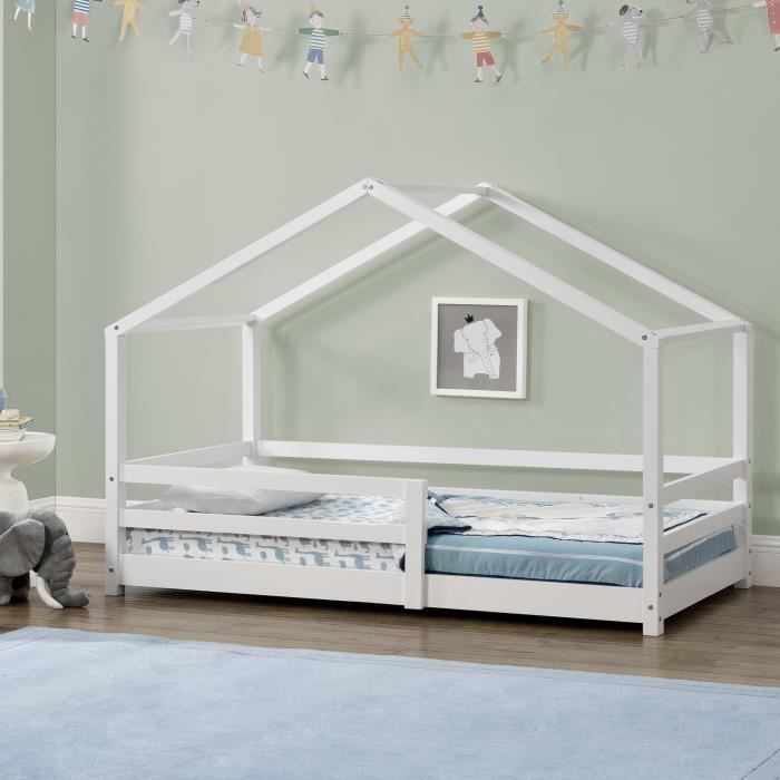 Lit dEnfant Maison avec Barreaux de Sécurité Knätten Pin 90 x 200 cm Blanc Mat Laqué [en.casa]