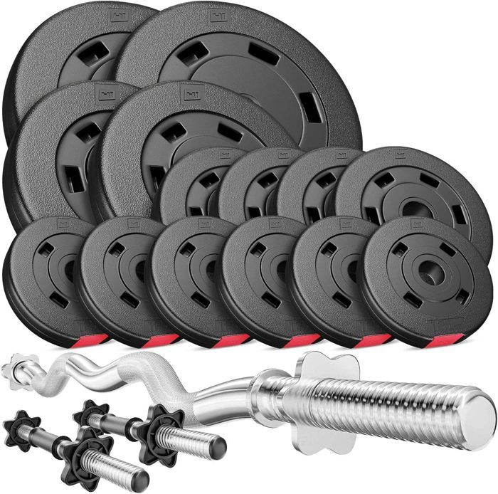 HS Hop-Sport Set PREMIUM de 56kg D (2x barre 45cm + 1x barre curl 120cm / 2x10kg+ 2x5kg + 4x2,5 + 6x1,25)