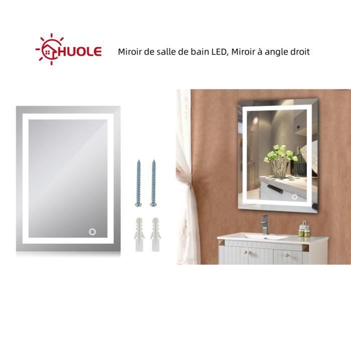 Miroir de salle de bain LED HUOLE à angle droit, tactile, mural - 60 x 80  cm blanc froid